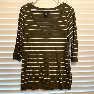 Torrid Olive Striped Quarter Sleeve V Neck Tee